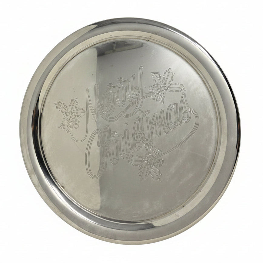 Tray, International Silver, Merry Christmas Engraved, Holly Sprig, Silver Plate, 12.25", Vintage 1970s