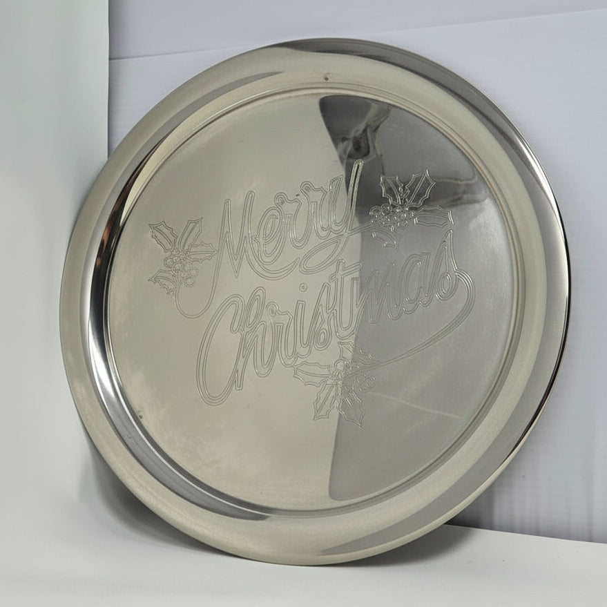 Tray, International Silver, Merry Christmas Engraved, Holly Sprig, Silver Plate, 12.25", Vintage 1970s