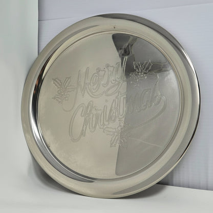 Tray, International Silver, Merry Christmas Engraved, Holly Sprig, Silver Plate, 12.25", Vintage 1970s