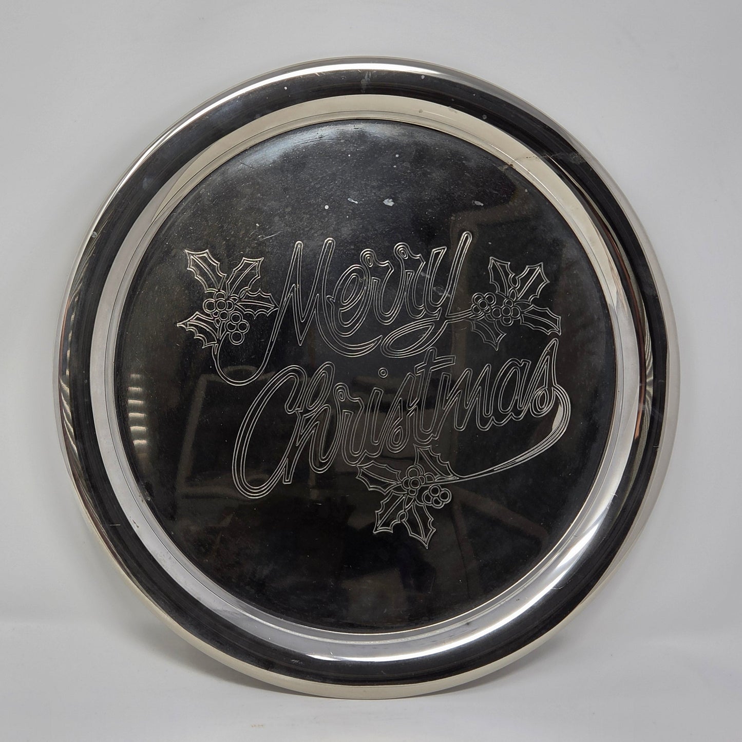 Tray, International Silver, Merry Christmas Engraved, Holly Sprig, Silver Plate, 12.25", Vintage 1970s