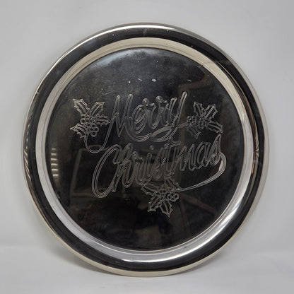 Tray, International Silver, Merry Christmas Engraved, Holly Sprig, Silver Plate, 12.25", Vintage 1970s