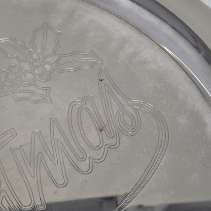 Tray, International Silver, Merry Christmas Engraved, Holly Sprig, Silver Plate, 12.25", Vintage 1970s