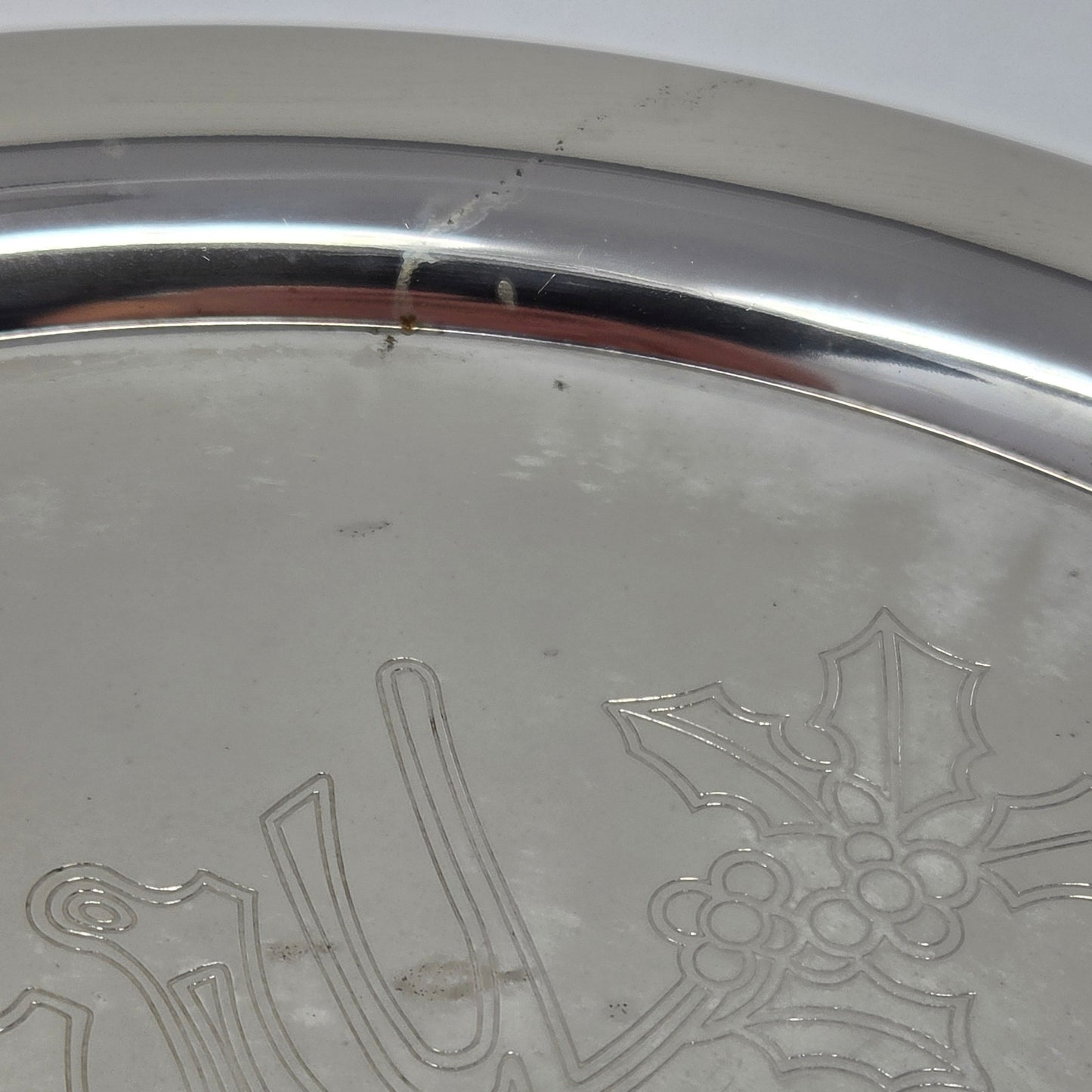 Tray, International Silver, Merry Christmas Engraved, Holly Sprig, Silver Plate, 12.25", Vintage 1970s