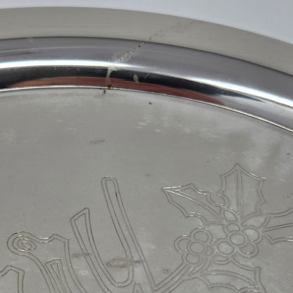 Tray, International Silver, Merry Christmas Engraved, Holly Sprig, Silver Plate, 12.25", Vintage 1970s