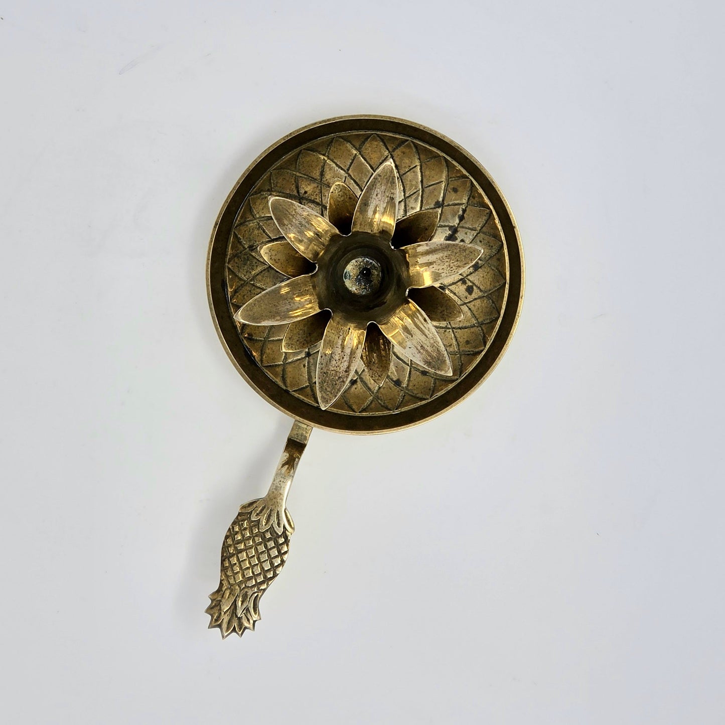 Candle Holder, Chamberstick, Pineapple Solid Brass, Hand Made, India, Vintage 1970s
