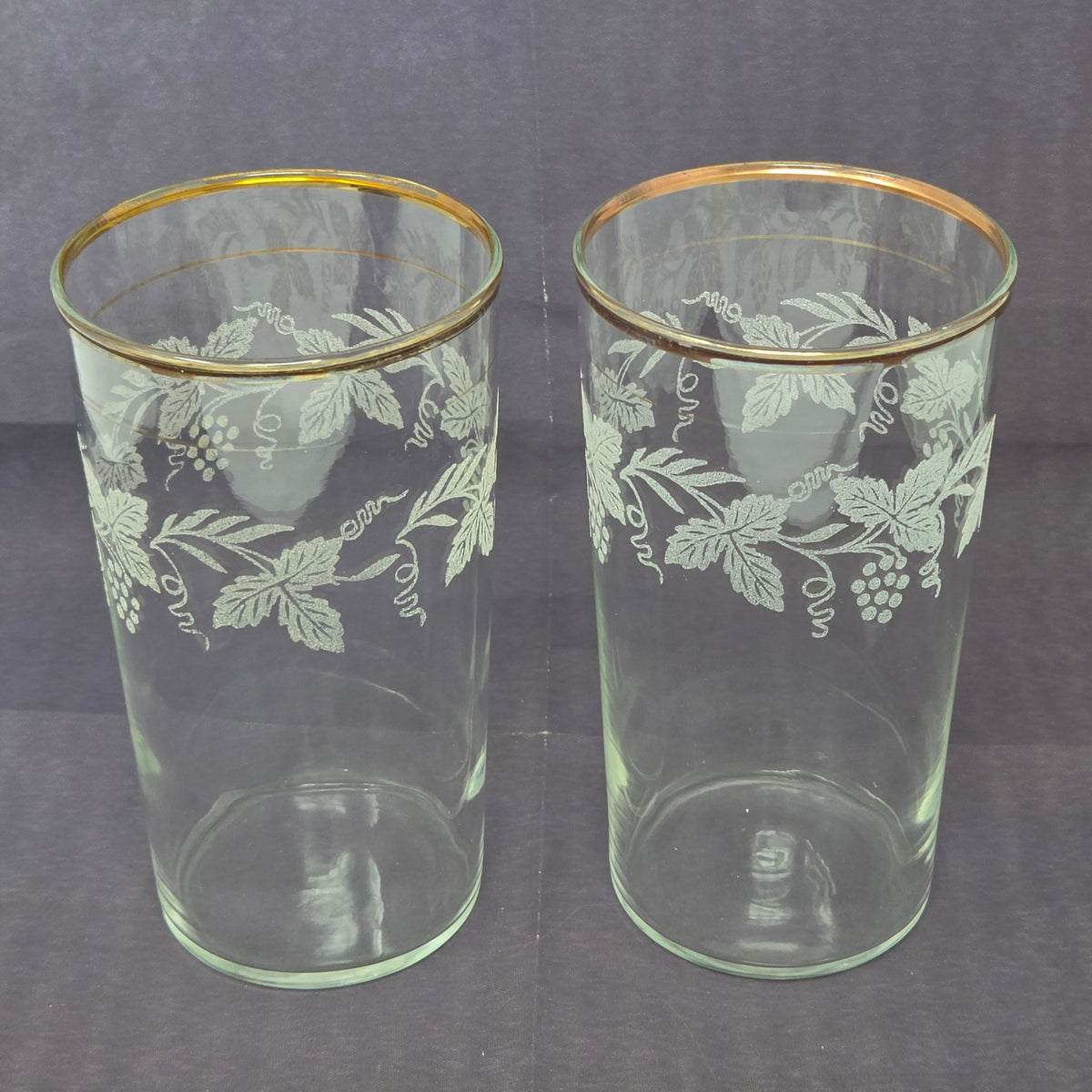 Tumblers: Bartlett Collins, Golden Grapes 806, Frosted White Grapes, Set of 2, Vintage 1947