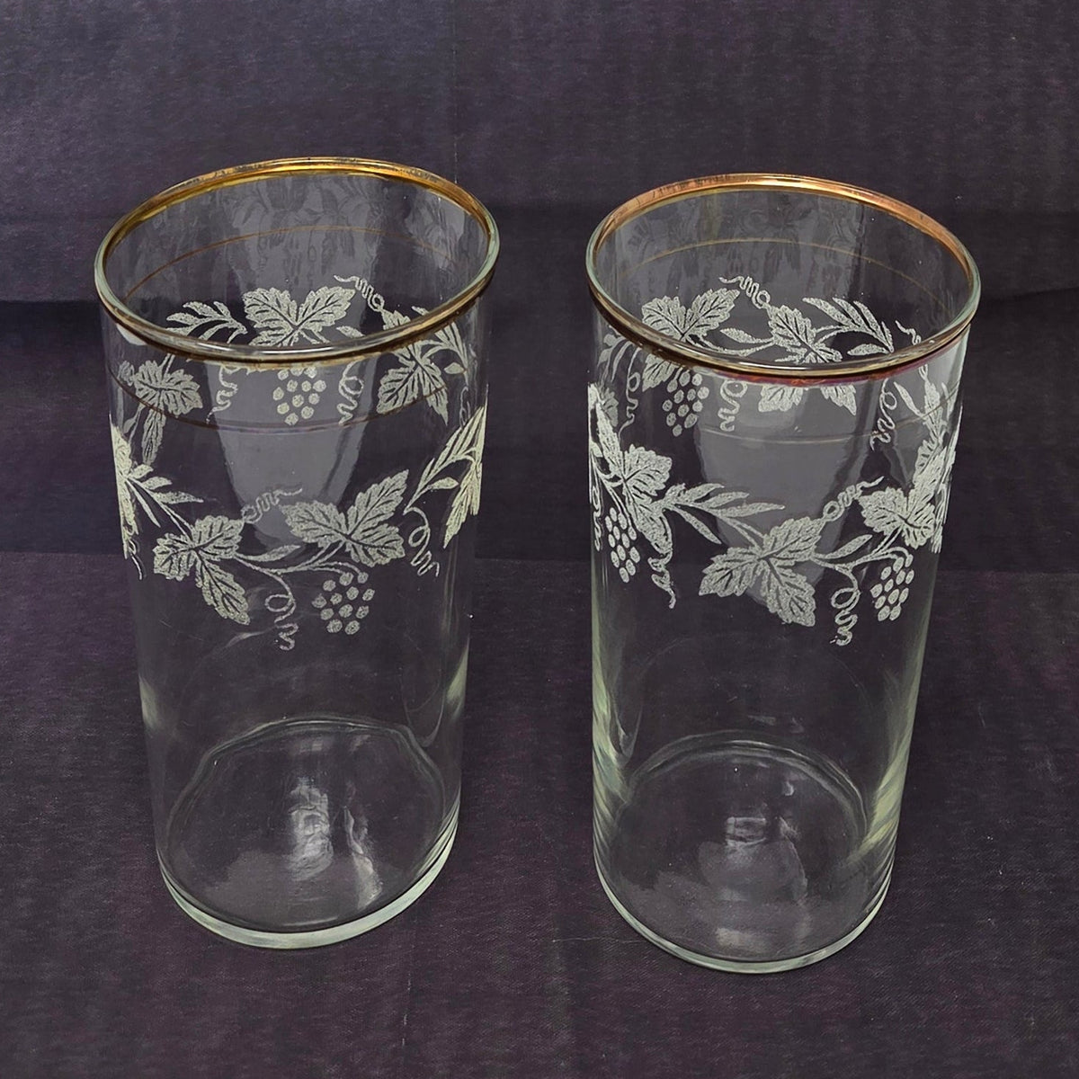 Tumblers: Bartlett Collins, Golden Grapes 806, Frosted White Grapes, Set of 2, Vintage 1947