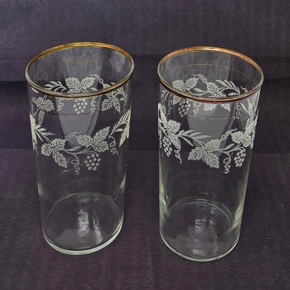 Tumblers: Bartlett Collins, Golden Grapes 806, Frosted White Grapes, Set of 2, Vintage 1947