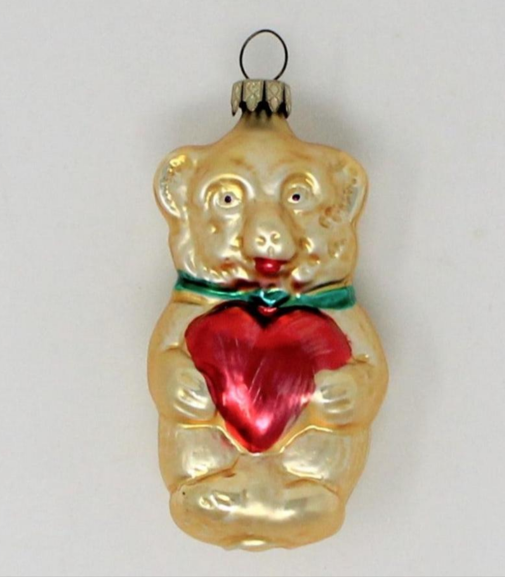 Ornaments, Whitehurst, Figural Bear with Heart, Gold and Red, Vintage Germany
