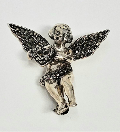 Brooch / Pin, Judith Jack, Marcasite Cupid Angel with Open Heart, Sterling Silver, Vintage