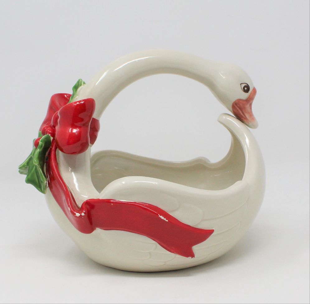 Basket, Fitz and Floyd, Christmas Goose, Bows & Holly, Hand Painted, Vintage, SOLD