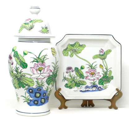 Ginger Jar / Temple Jar & Plate, Andrea by Sadek, Lotus Flower #9125. Porcelain, Vintage Japan