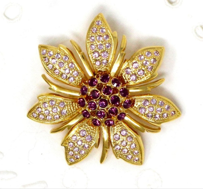 Brooch / Pin, Purple Rhinestones Flower, Large Purple Center & Lilac Petals, Gold-Tone