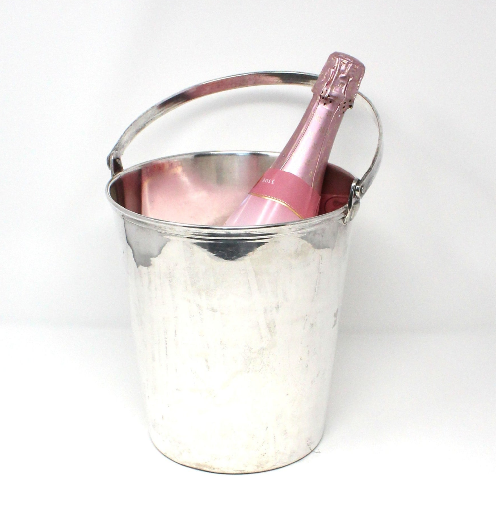 Ice Bucket, Champagne Bucket, Ice Pail, Silverplate, Hinged Handle & Ribbed Banding, Vintage