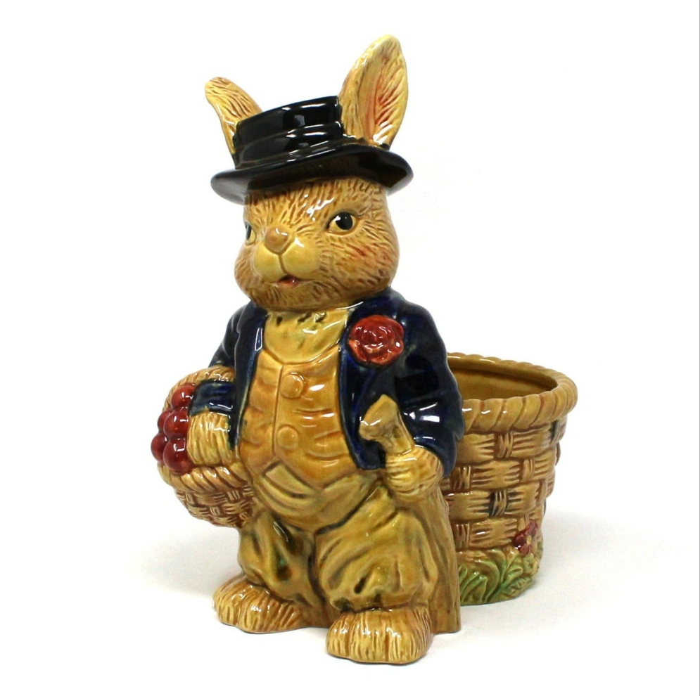 Planter, Bunny Rabbit Dressed Up with Jacket & Hat, Ceramic