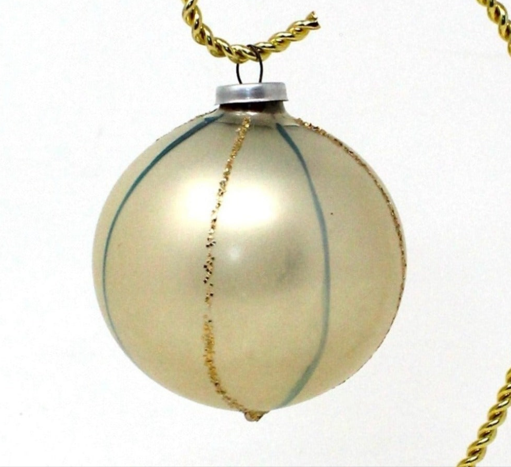 Ornaments, Glass Ball, Pearl White, Blue & Gold Glitter Stripes, Hand Painted, 2.5", Vintage Christmas