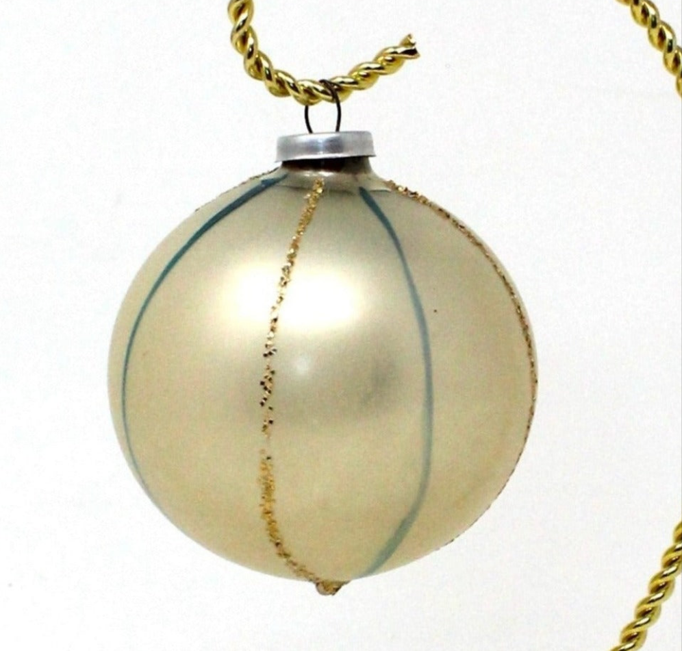 Ornaments, Glass Ball, Pearl White, Blue & Gold Glitter Stripes, Hand Painted, 2.5", Vintage Christmas
