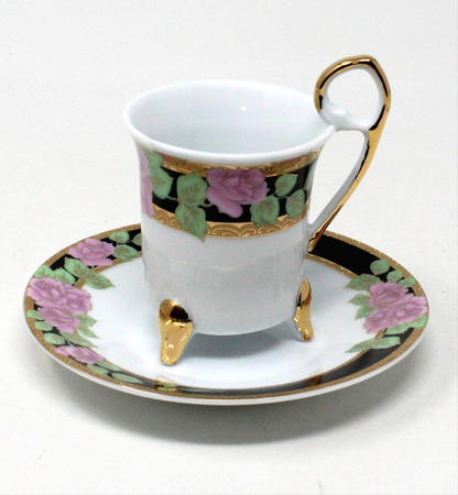 Demitasse & Saucer, GNA, Pink Roses with Black Border, Italian Porcelain, Vintage