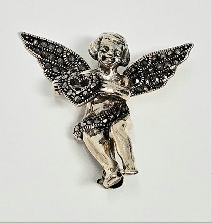 Brooch / Pin, Judith Jack, Marcasite Cupid Angel with Open Heart, Sterling Silver, Vintage