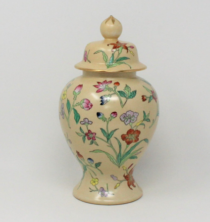 Ginger Jar / Temple Jar, Hand Painted Enamel Floral Design, Porcelain, Vintage Hong Kong