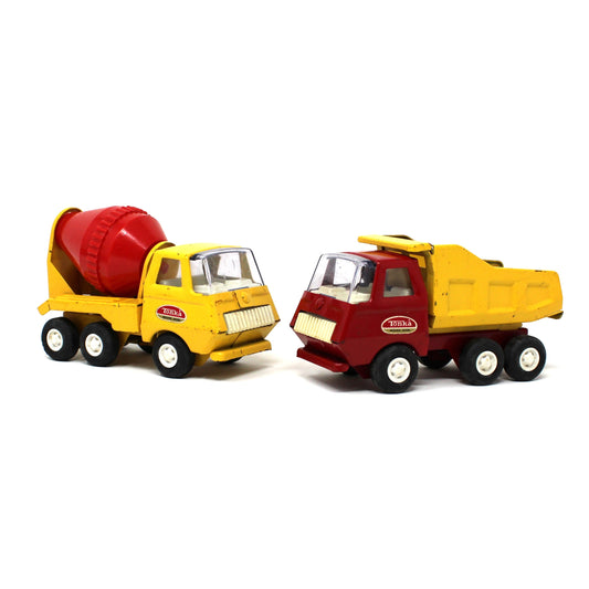 Pair of Vintage Tiny Tonka Toy Trucks: Cement Mixer & Dump Truck, Yellow / Red, Vintage 1970s