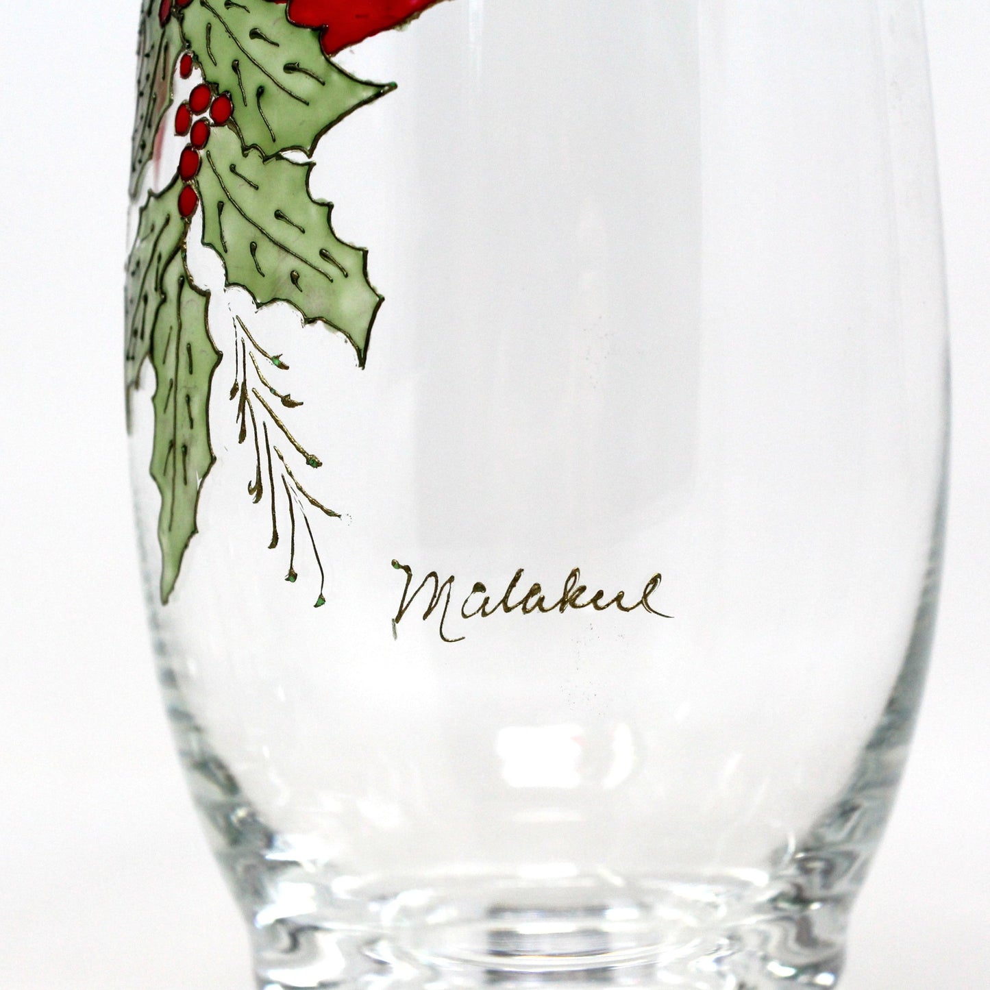 Glasses, Christmas Holly & Ribbon Beverage Glasses, Hand Painted, Signed, Set of 3