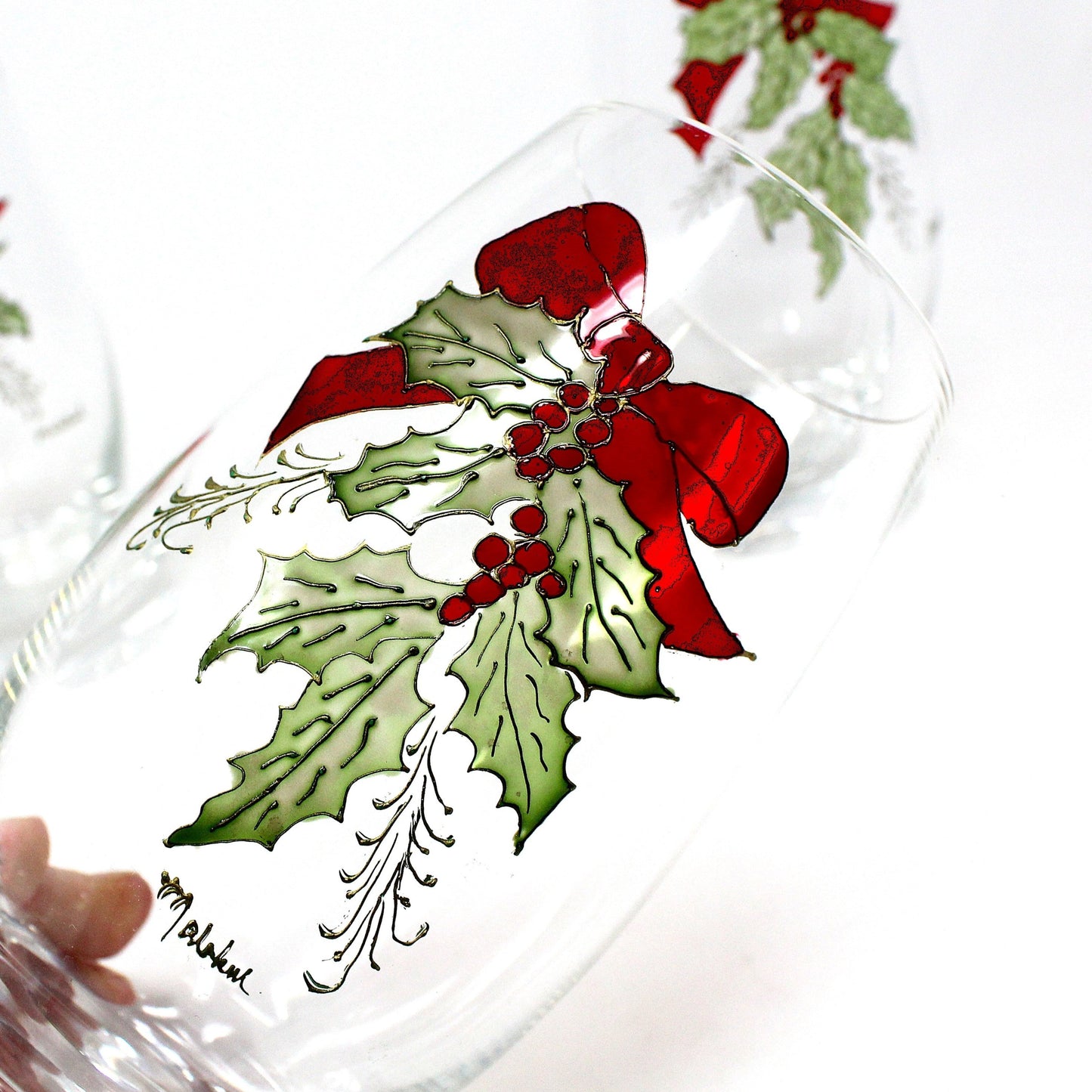 Glasses, Christmas Holly & Ribbon Beverage Glasses, Hand Painted, Signed, Set of 3