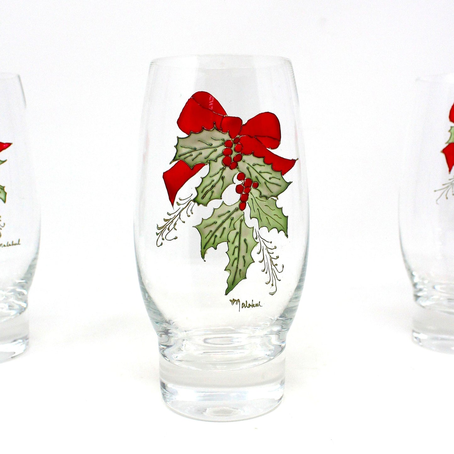 Glasses, Christmas Holly & Ribbon Beverage Glasses, Hand Painted, Signed, Set of 3
