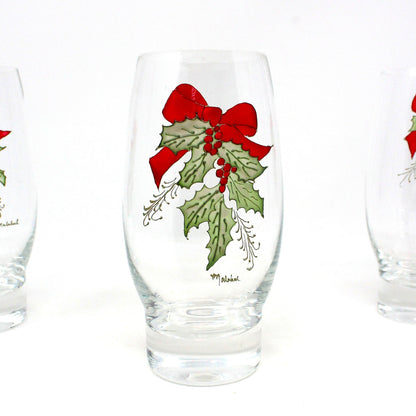 Glasses, Christmas Holly & Ribbon Beverage Glasses, Hand Painted, Signed, Set of 3