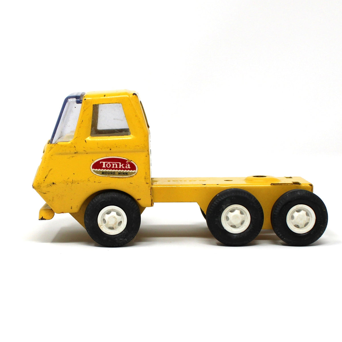 View of cab only, vintage Tiny Tonka, Car Carrier / Motor Mover in yellow steel