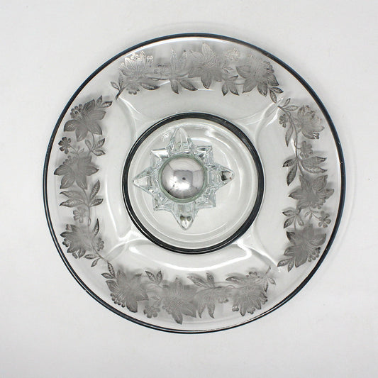 Sandwich Plate / Tidbit Tray, Paden City Glass, Floral Sterling Silver Overlay, Spire Center Handle, Vintage, 1930's