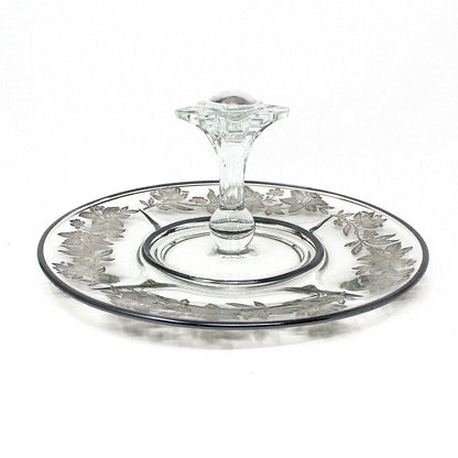 Sandwich Plate / Tidbit Tray, Paden City Glass, Floral Sterling Silver Overlay, Spire Center Handle, Vintage, 1930's