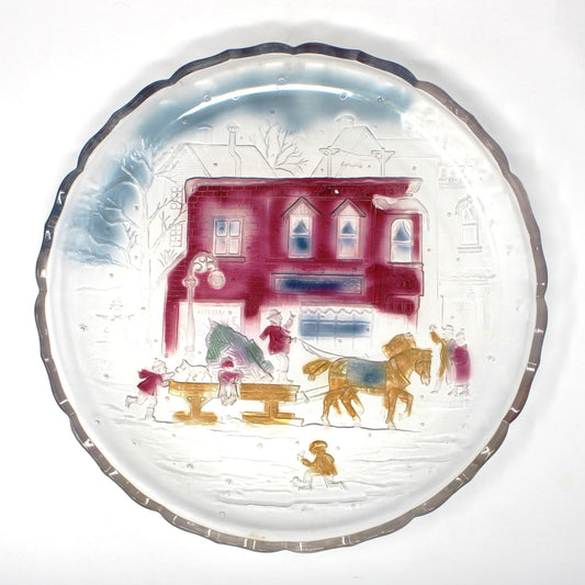 Vintage crystal serving Platter,  "Winter Traditions", Christmas Sleigh Scene, 14" Hand Painted Glass, Japan