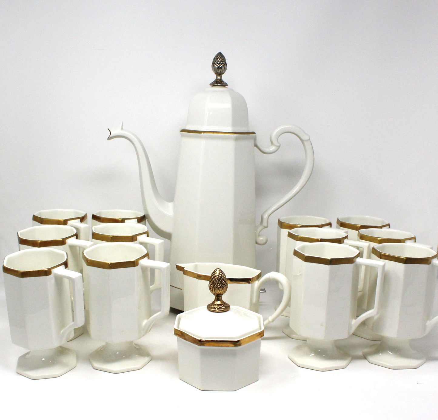 Coffee Service, Ernest Sohn, Octagon Ivory & Gold, MCM, Complete with Coffee Pot, Creamer, Sugar & 12 Mugs, Vintage, Free Shipping