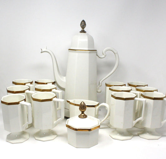 Coffee Service, Ernest Sohn, Octagon Ivory & Gold, MCM, Complete with Coffee Pot, Creamer, Sugar & 12 Mugs, Vintage, Free Shipping