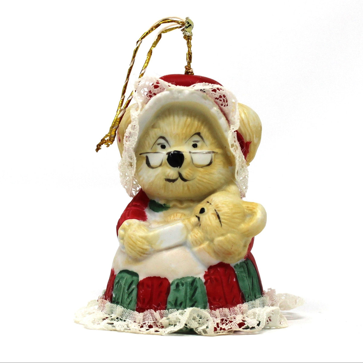 Ornaments, Jasco L'il Chimers Caring Critters, Grandma Bear Feeding Baby, Porcelain Bell, Taiwan, Vintage 1970s