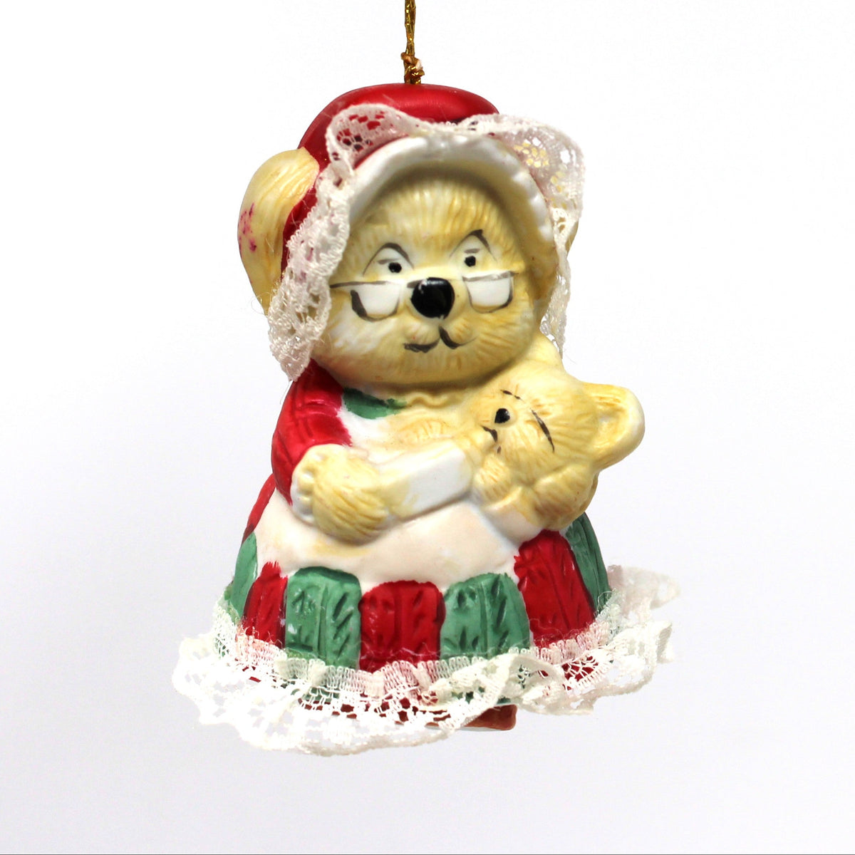 Ornaments, Jasco L'il Chimers Caring Critters, Grandma Bear Feeding Baby, Porcelain Bell, Taiwan, Vintage 1970s