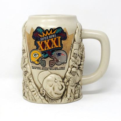 Beer Mug: Super Bowl XXXI Packers vs Patriots, NFL 3D Raised Relief, Thailand, 1997