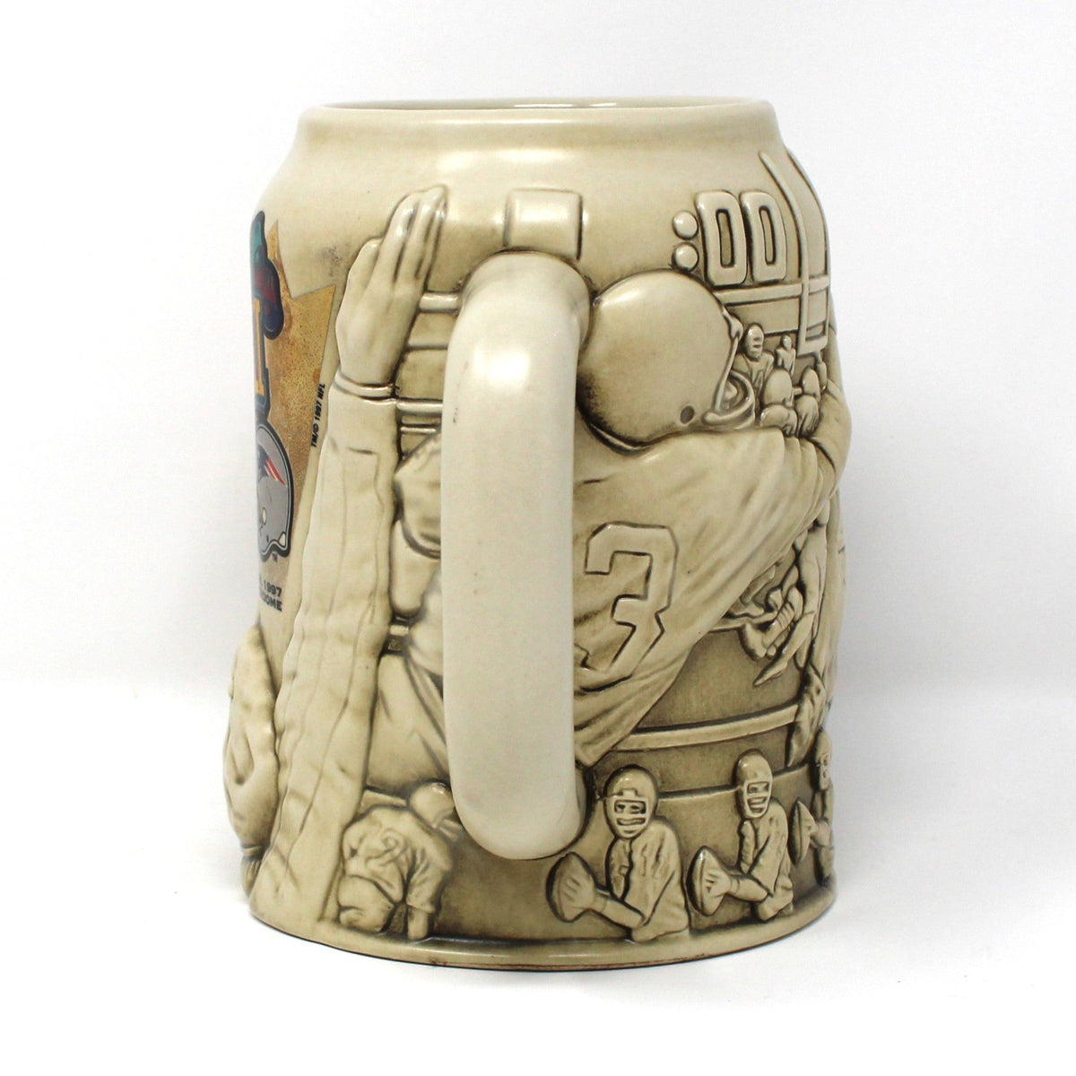 Beer Mug: Super Bowl XXXI Packers vs Patriots, NFL 3D Raised Relief, Thailand, 1997