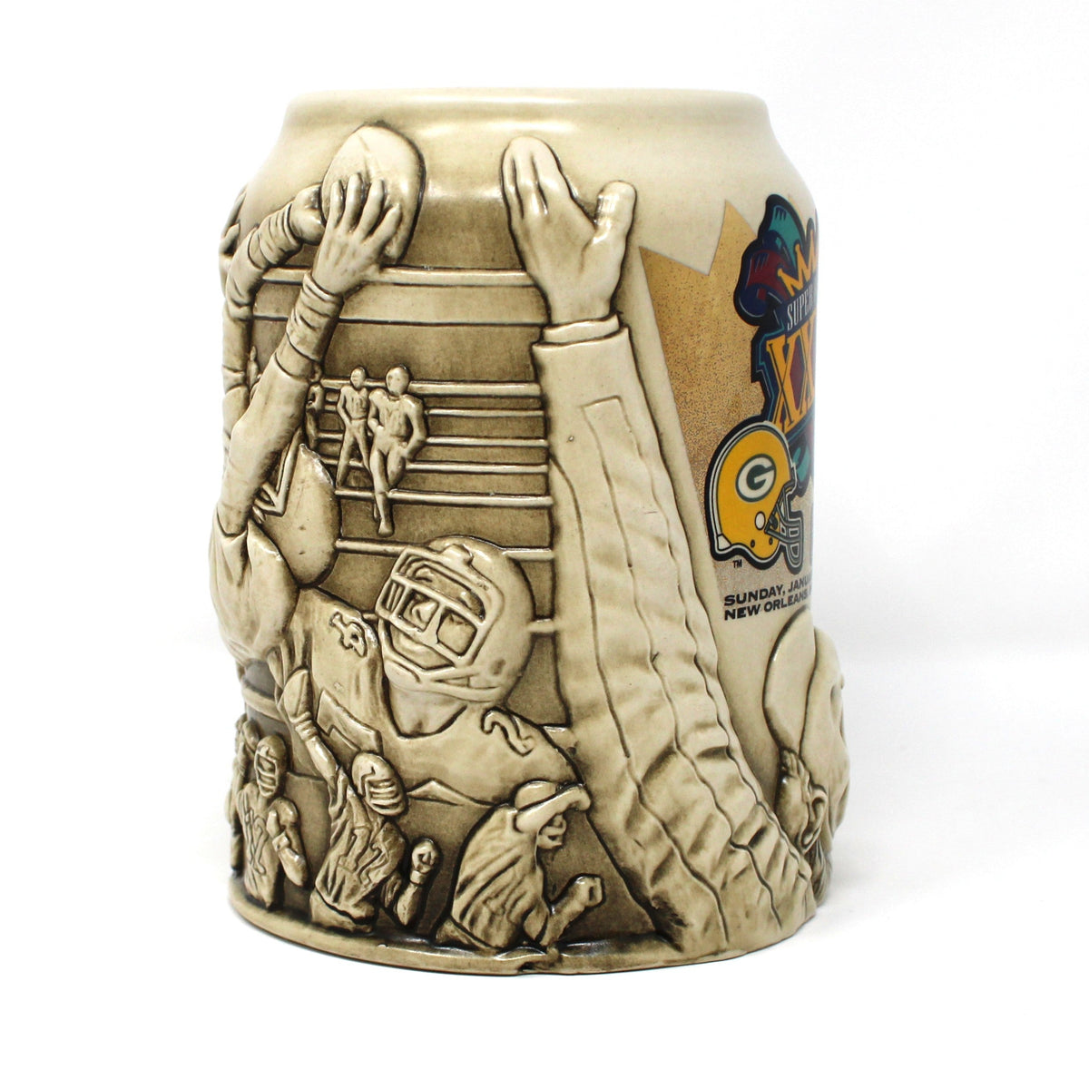 Beer Mug: Super Bowl XXXI Packers vs Patriots, NFL 3D Raised Relief, Thailand, 1997