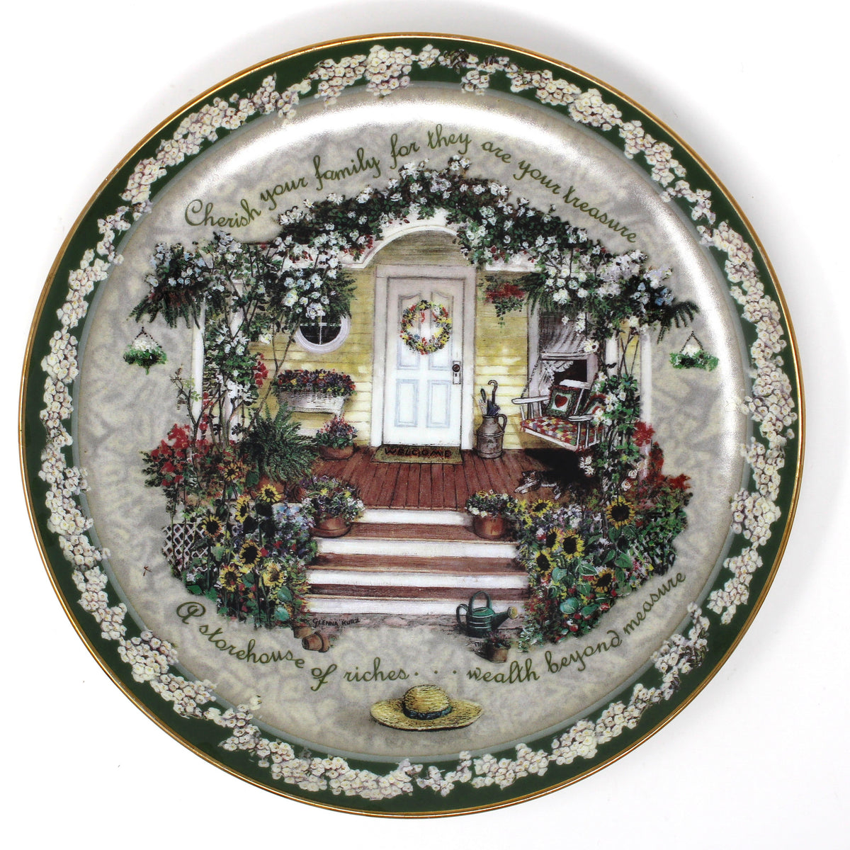 Decorative Plate, Cherish Your Family by Glenna Kurz, a country cottage porch scene. First issue 1997 Bradford Exchange, Welcome Home Collection.