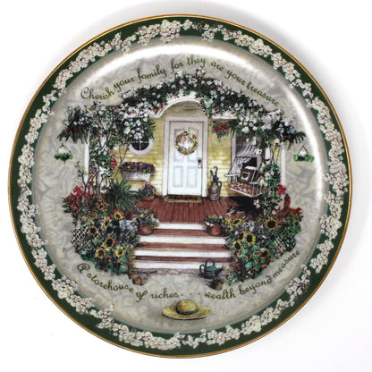 Decorative Plate, Cherish Your Family by Glenna Kurz, a country cottage porch scene. First issue 1997 Bradford Exchange, Welcome Home Collection.