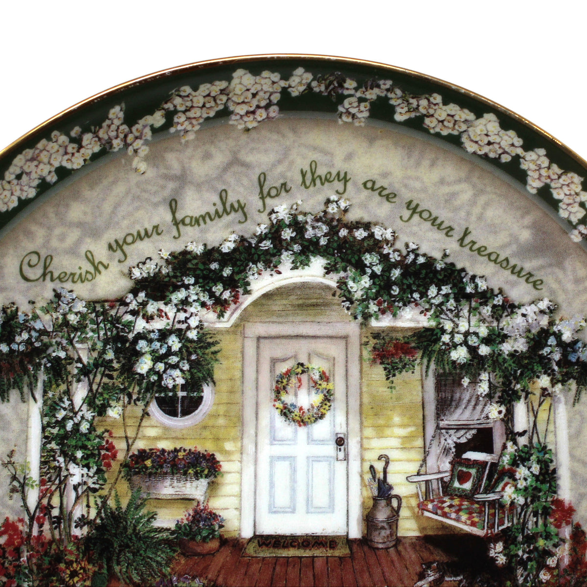 close up of top of a decorative plate, "Cherish Your Family" by Glenna Kurz. First issue 1997 Bradford Exchange, Welcome Home Collection.
