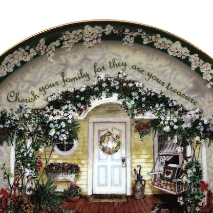 close up of top of a decorative plate, "Cherish Your Family" by Glenna Kurz. First issue 1997 Bradford Exchange, Welcome Home Collection.