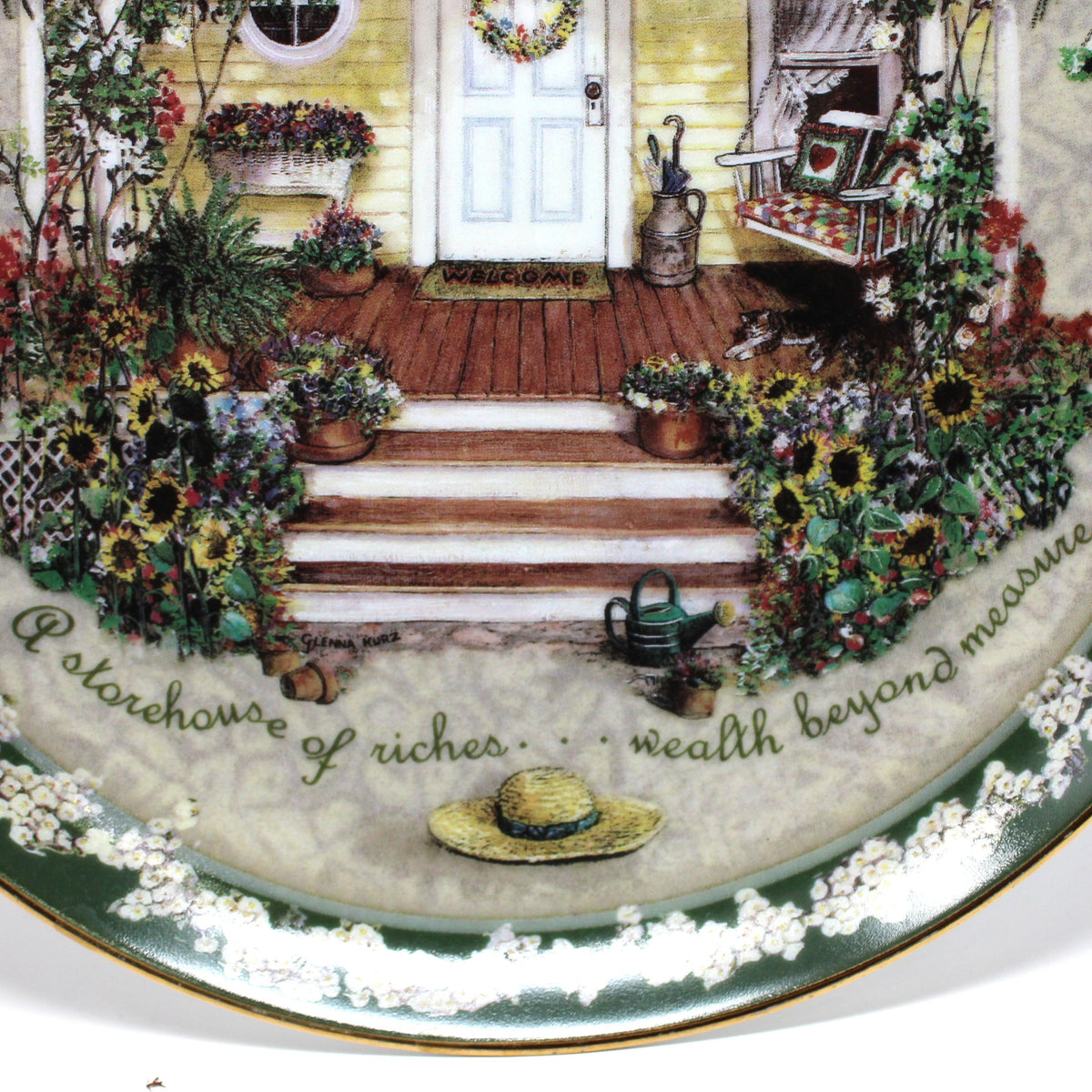 close up of the bottom of a decorative plate, "Cherish Your Family" by Glenna Kurz. First issue 1997 Bradford Exchange, Welcome Home Collection.