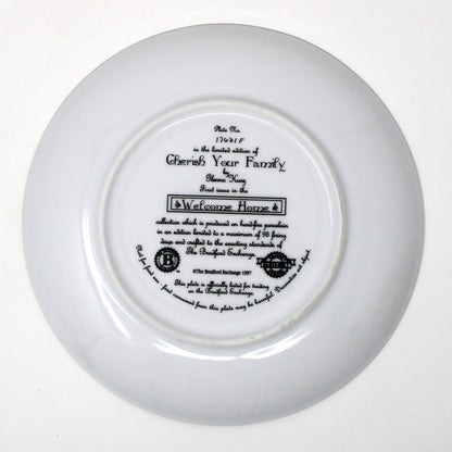 Back view of decorative plate, "Cherish Your Family" by Glenna Kurz. First issue 1997 Bradford Exchange, Welcome Home Collection.