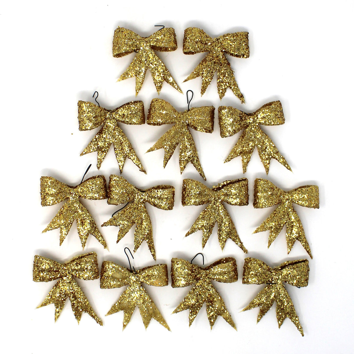 Mid Century celluloid gold bows for use in crafting or as Christmas tree ornaments, set of 13.