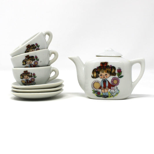 Children's Tea Set: Girl in Pigtails Decal, Japan Porcelain Toy, Vintage 1960s, 10 Pcs
