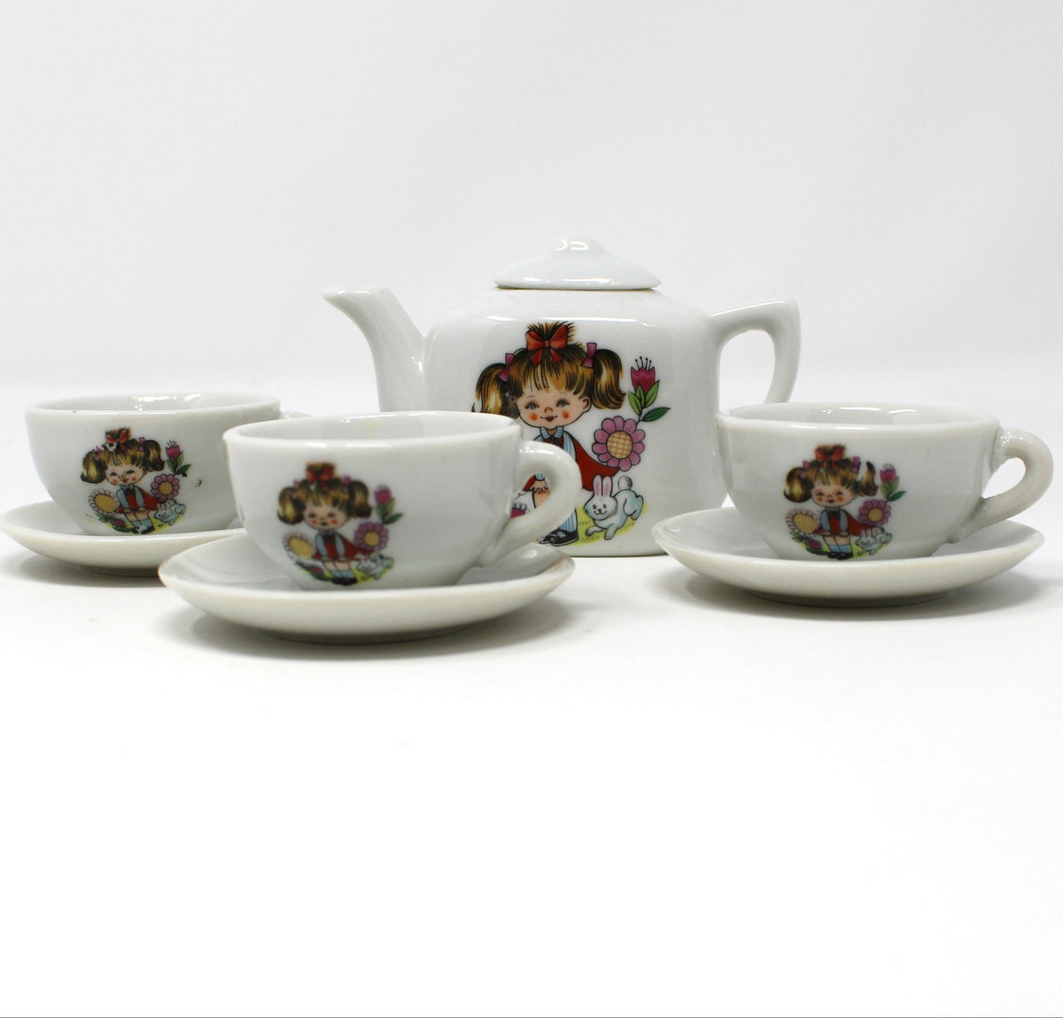Children's Tea Set: Girl in Pigtails Decal, Japan Porcelain Toy, Vintage 1960s, 10 Pcs