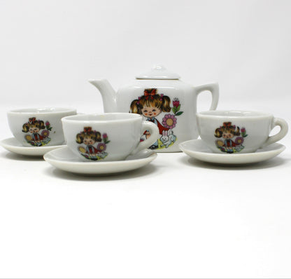 Children's Tea Set: Girl in Pigtails Decal, Japan Porcelain Toy, Vintage 1960s, 10 Pcs